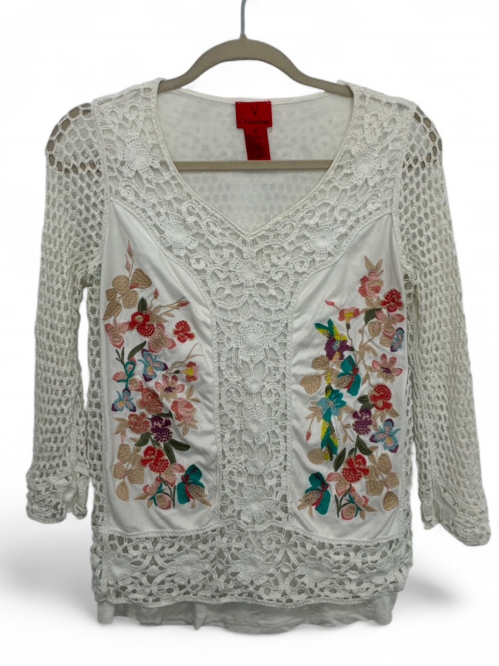 Christina Cream Crochet V-Neck Tunic with Multicolor Floral Embroidery